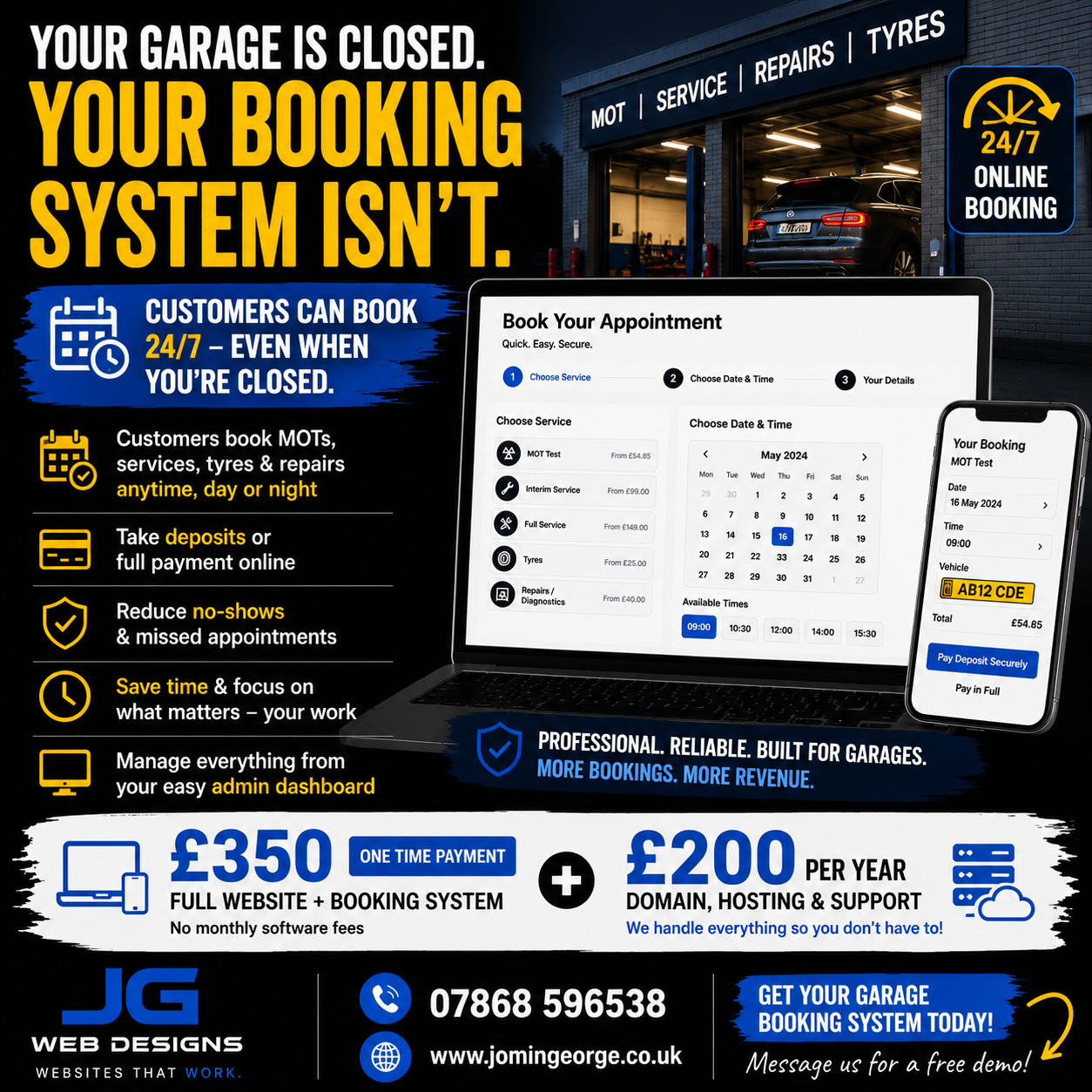 JG Web Designz Facebook ad: Let Customers Book Your Garage 24/7