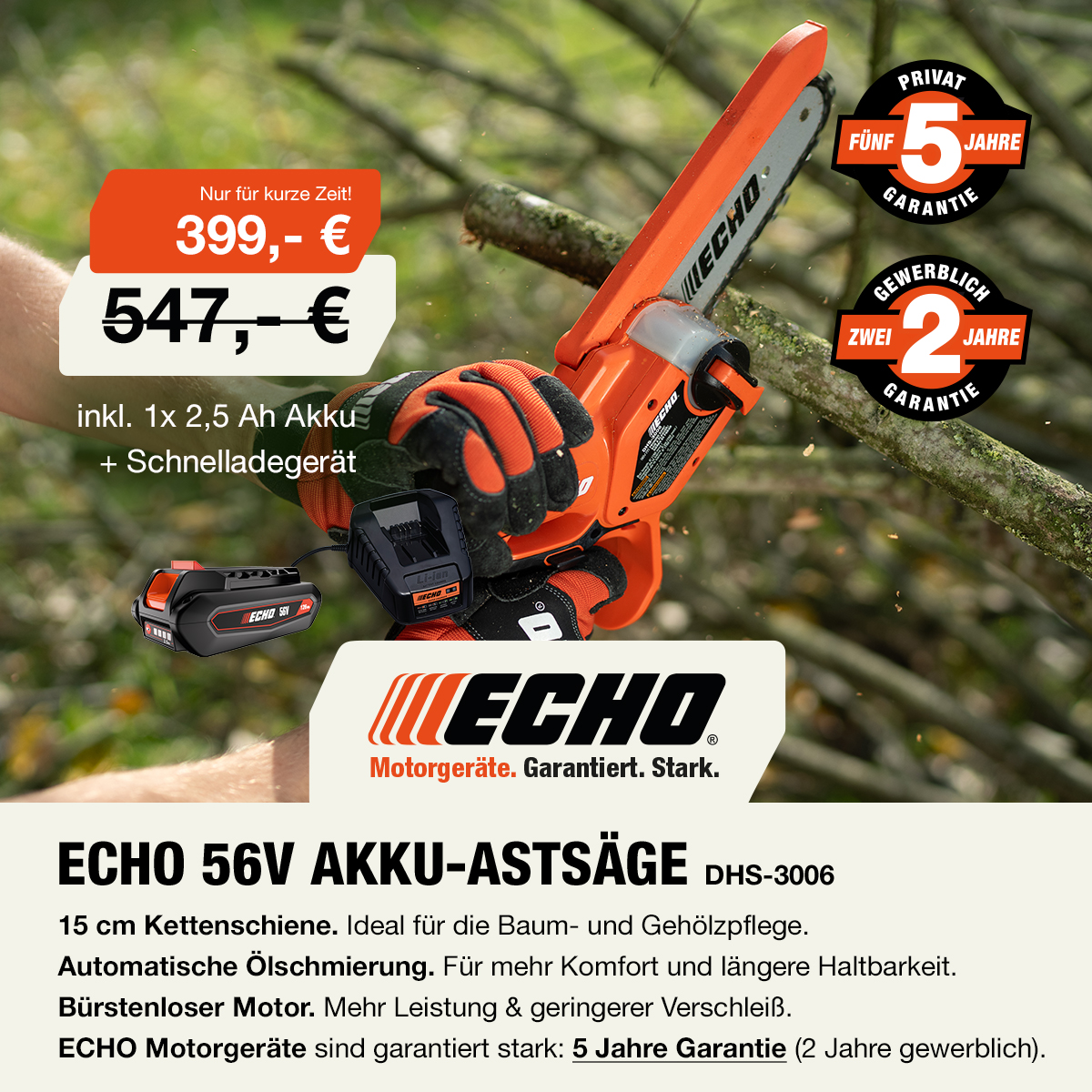 ECHO Motorgeräte Facebook ad: 56V Akku-Astsäge DHS-3006 Ideal für Baumschnitt &…