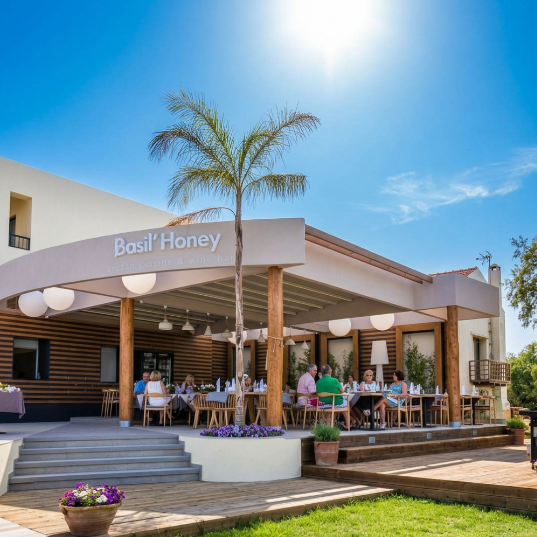 Basil'Honey Restaurant, Platanias, Crete Facebook ad: Served in Platanias, by the sea.