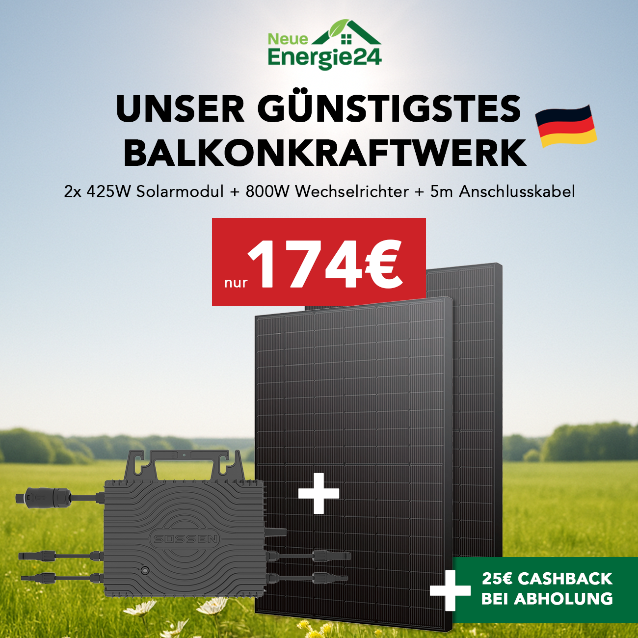 NeueEnergie24 Facebook ad: Balkonkraftwerk BASIC 850W/800W