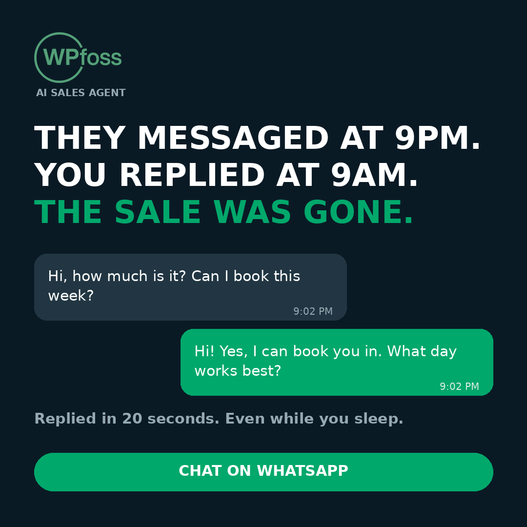 WPfoss Facebook ad: Stop losing customers in your DMs
