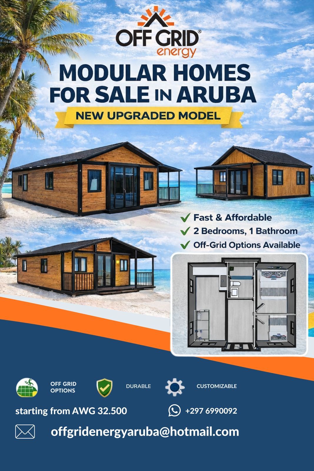 Off Grid Energy & Trading VBA Facebook ad: Affordable Modular Homes in Aruba!