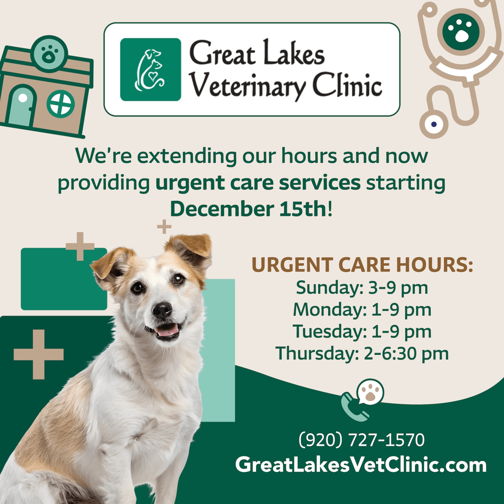 Great Lakes Veterinary Clinic Facebook ad: Now Offering Extended Hours for Veterinary Urgent Care!