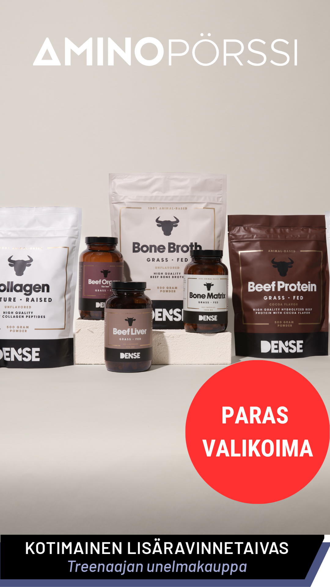 Aminopörssi Facebook ad: Shoppaile Dense-tuotteet nyt Aminopörssistä!