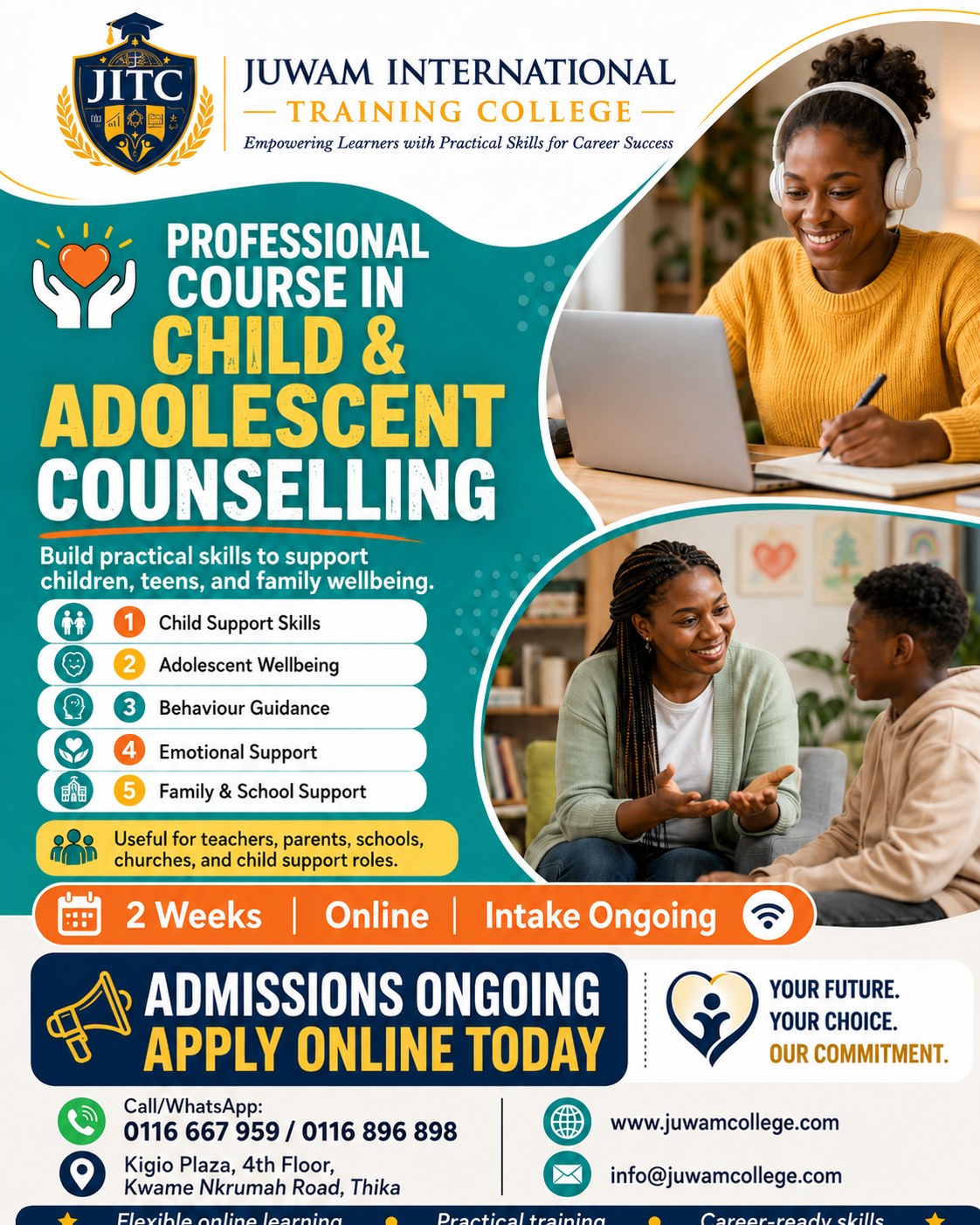 Juwam International Training College Facebook ad: Build Practical Counselling Skills with Juwam College