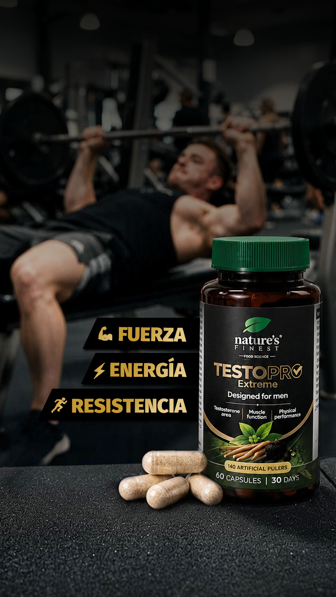 Nature's Finest España Facebook ad: ¡Mantén tu hormona T fuerte!