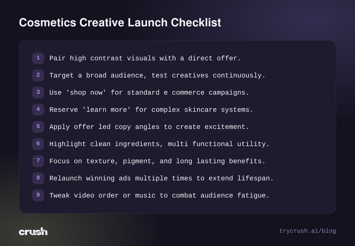 A checklist showing steps to launch successful makeup ads, including using high contrast visuals, continuous testing, specific calls to action like shop now, various ad copy angles, and strategies for relaunching ads to combat fatigue.