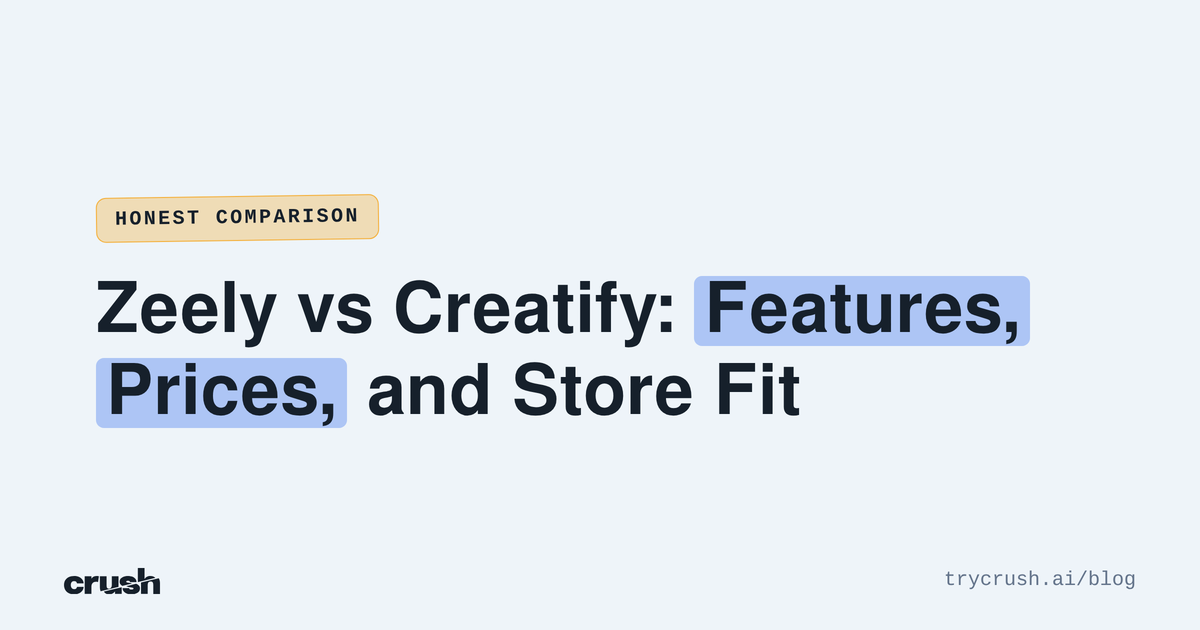 Typographic poster with the headline Zeely vs Creatify: Features, Prices, and Store Fit