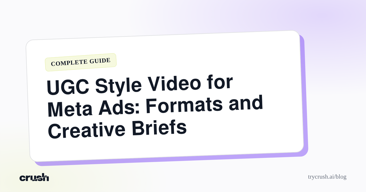 Typographic poster with the headline UGC Style Video for Meta Ads: Formats and Creative Briefs