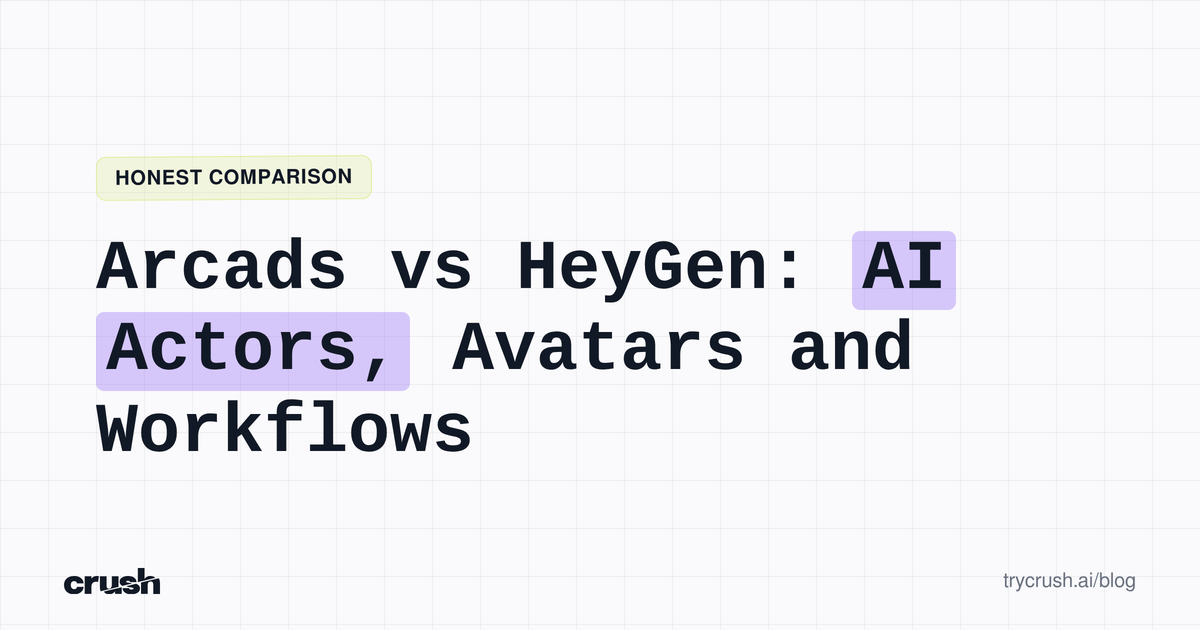 Typographic poster with the headline Arcads vs HeyGen: AI Actors, Avatars and Workflows