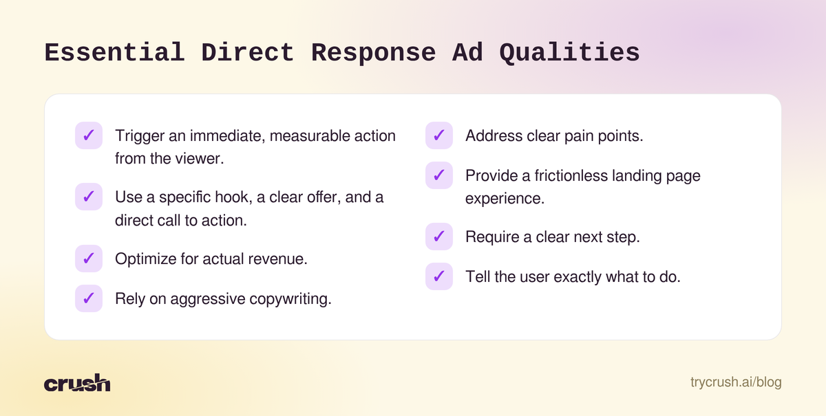 A checklist of essential qualities for direct response ads, including triggering immediate action, using a clear hook and offer, optimizing for revenue, aggressive copywriting, addressing pain points, a frictionless landing page, a clear next step, and explicit instructions for the user.