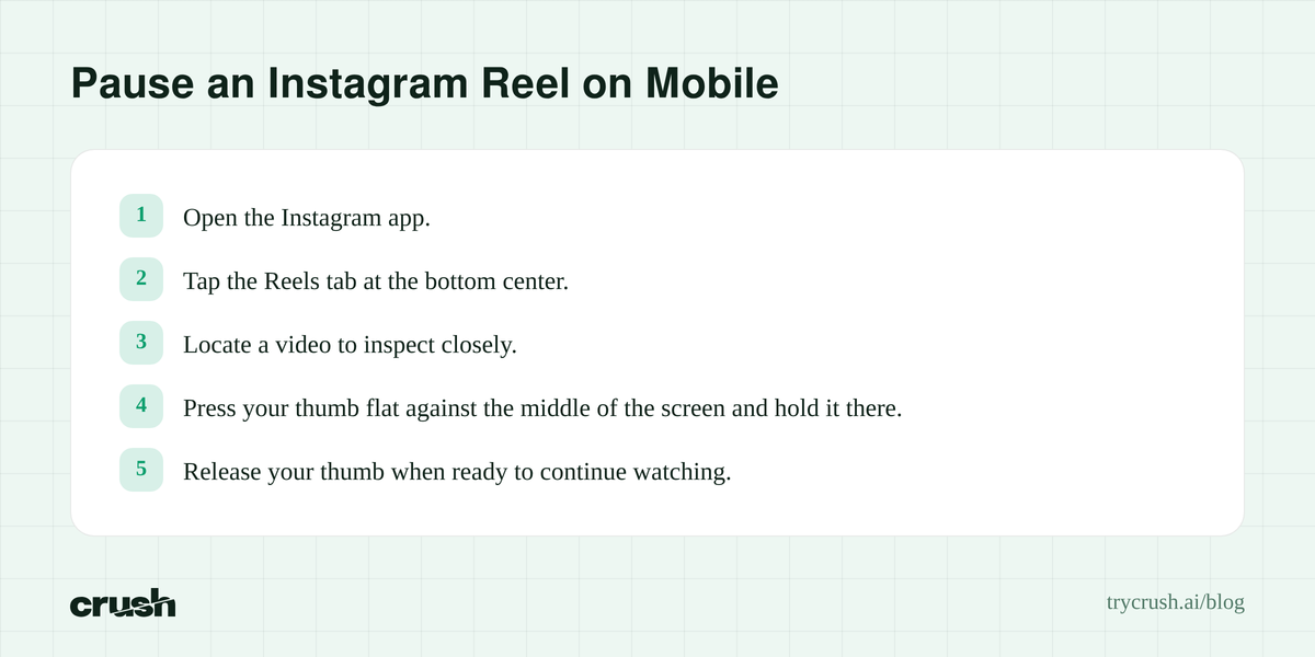 Checklist showing 5 steps to pause an Instagram Reel: open app, tap Reels, find video, press and hold screen, release finger. This freezes the video and hides UI elements.