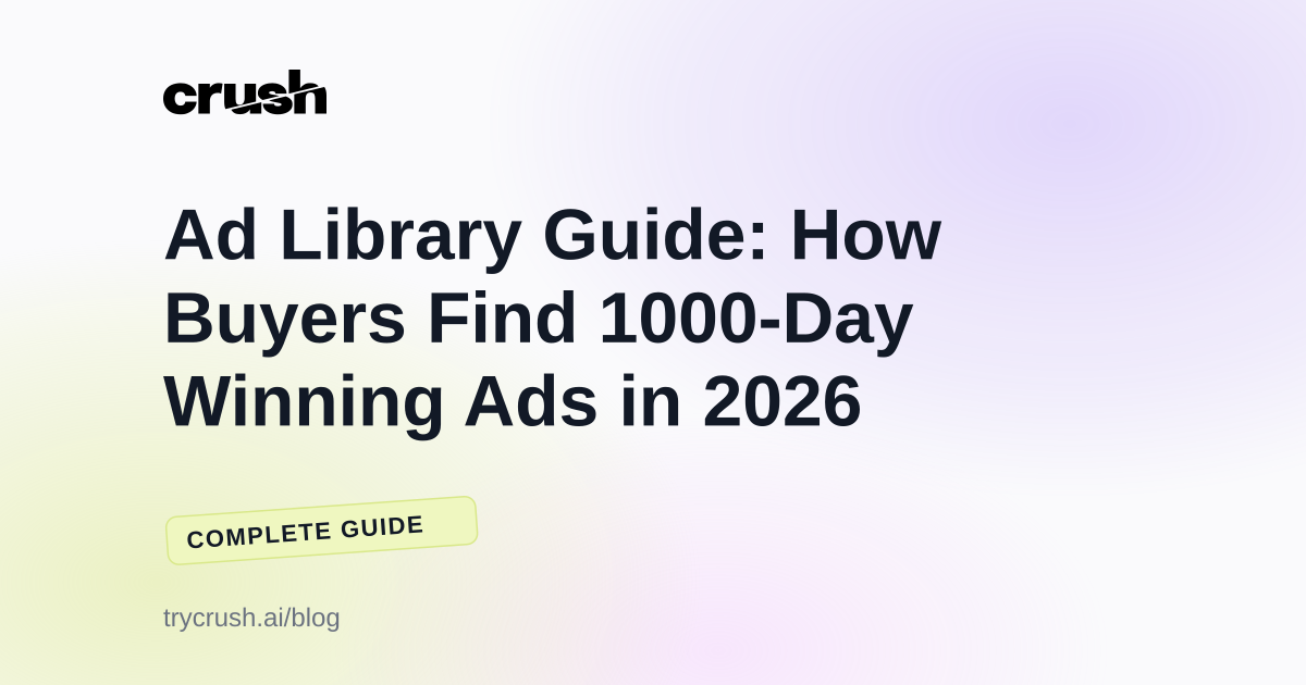 Ad Library Guide: How Buyers Find 1000-Day Winning Ads in 2026 (Crush blog cover)