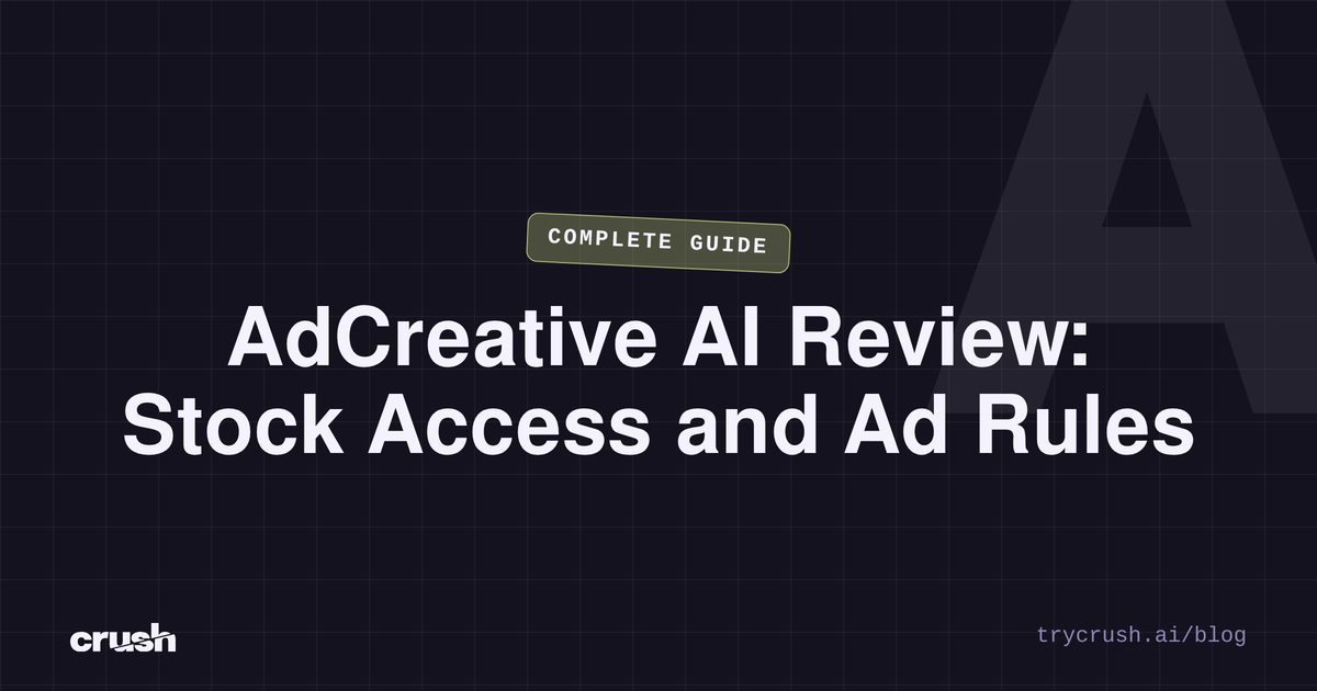 Typographic poster with the headline AdCreative AI Review: Stock Access and Ad Rules