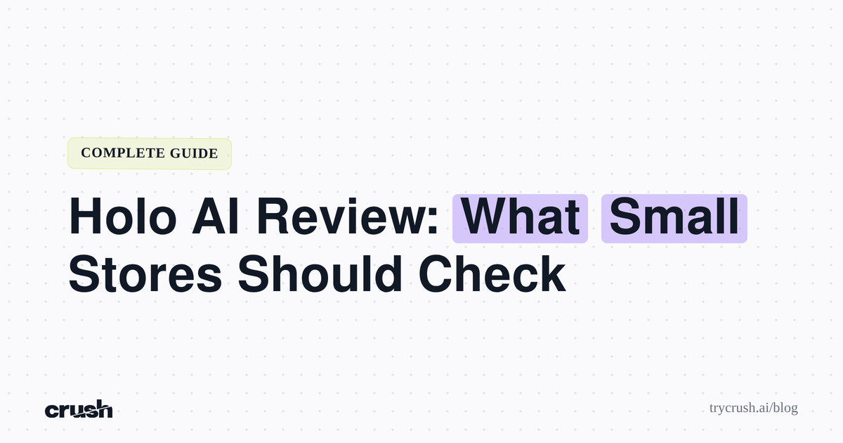 Typographic poster with the headline Holo AI Review: What Small Stores Should Check