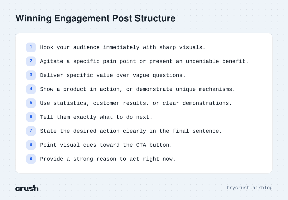 A checklist detailing nine steps to create an effective Facebook engagement post for maximum impact.