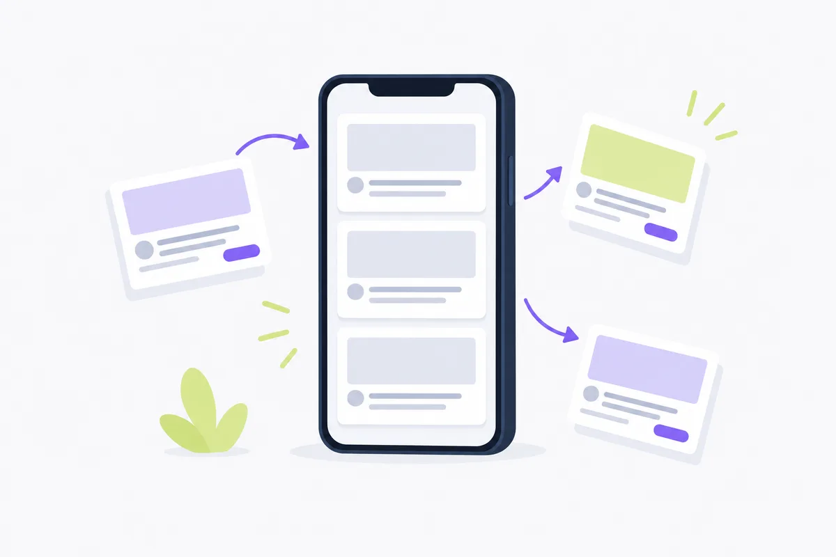 What makes a Facebook ad headline effective: a phone with blank ad cards and arrows around it