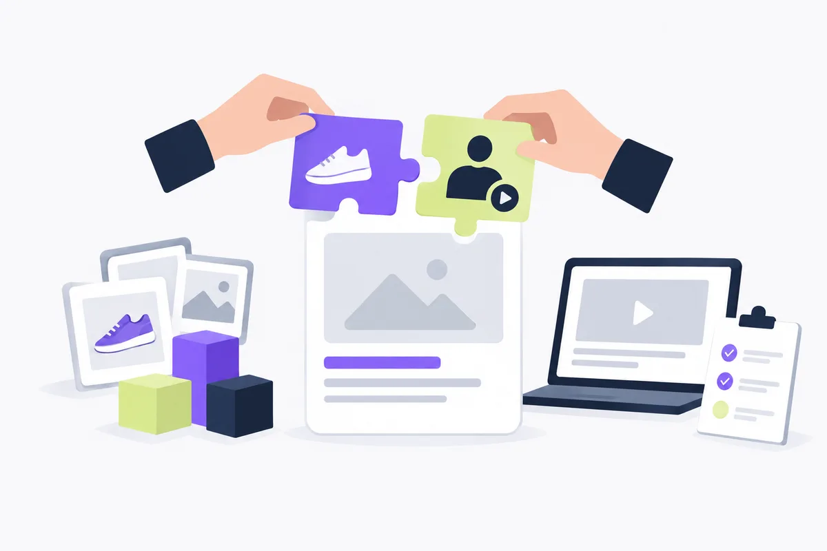 Choose a tool for your video brief: building blocks fitting together into a blank ad card