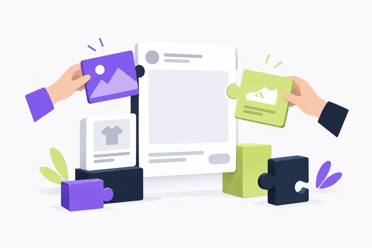 Zeely vs Creatify: which fits your small store: building blocks fitting together into a blank ad card