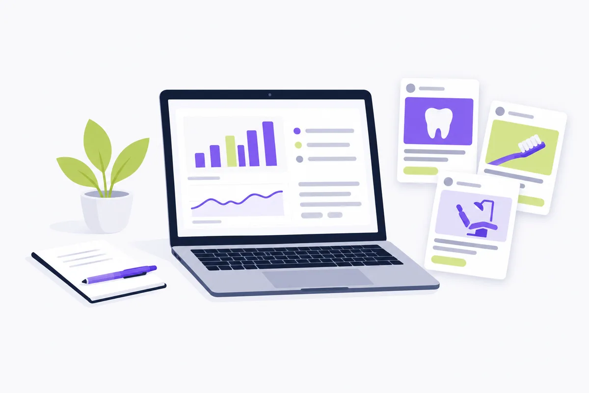 Facebook ads for dentists: plan the offer and desired result: a laptop dashboard with unlabeled charts beside blank ad cards