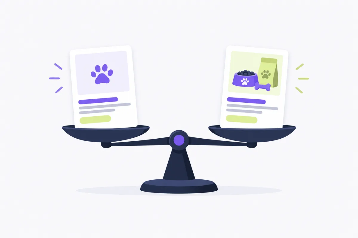 How to write an advertisement for a pet shop: two blank ad cards on a balance scale