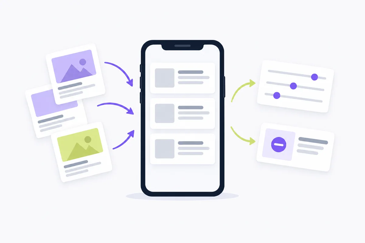 How Advantage+ Audience uses suggestions and controls: a phone with blank ad cards and arrows around it