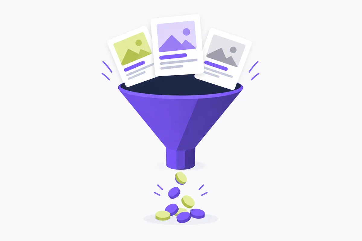 How much does the Zeely app cost: a funnel with blank ad cards flowing through it