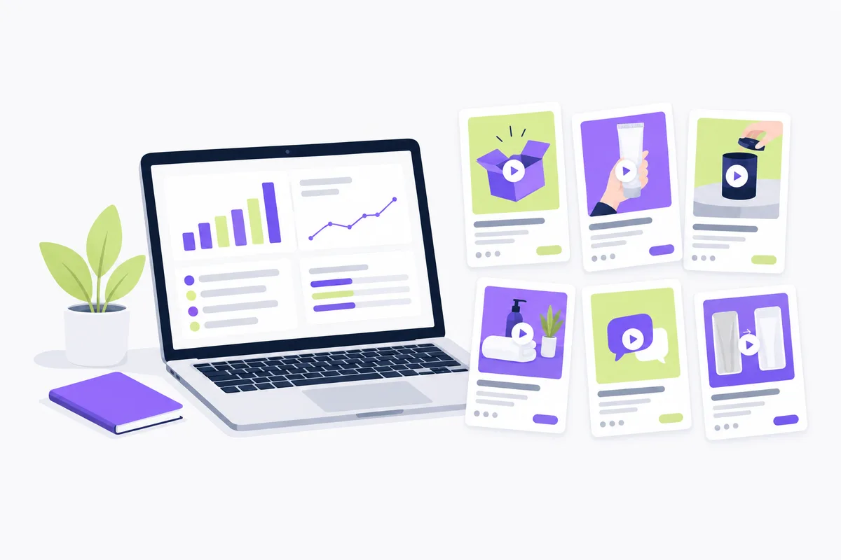 Types of UGC videos for your product: a laptop dashboard with unlabeled charts beside blank ad cards
