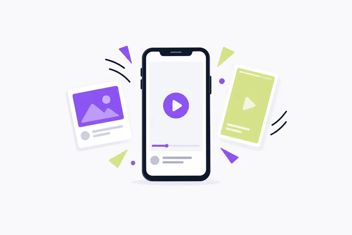Creative for Facebook Feed, Instagram Stories and Reels: a phone playing a blank video with abstract shapes around it