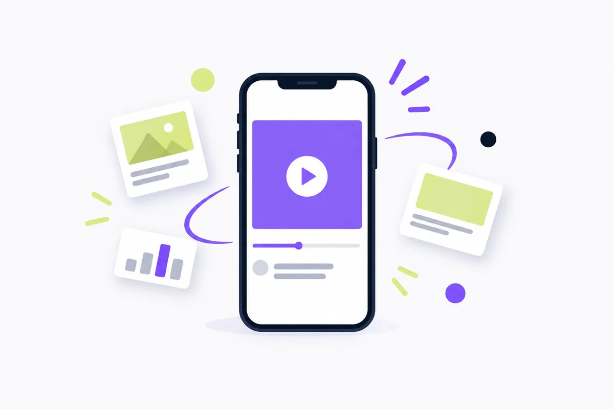 Minea alternatives compared for small stores: a phone playing a blank video with abstract shapes around it