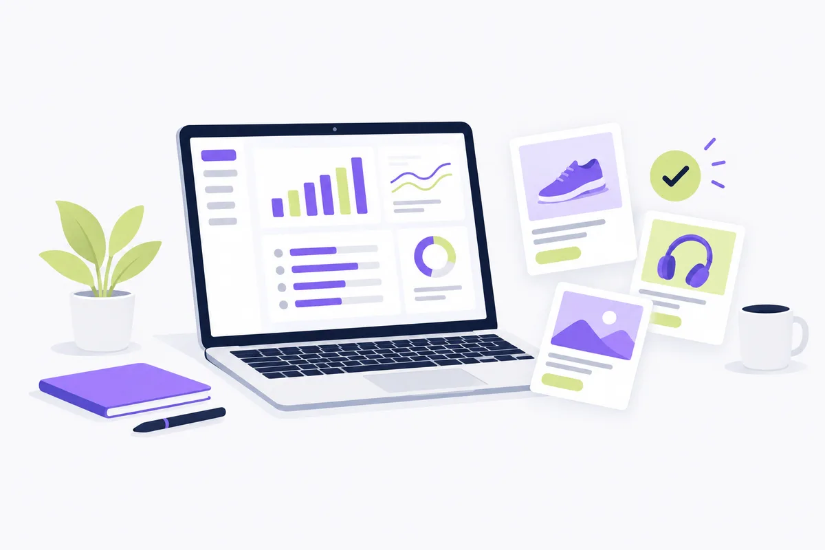 Creative output checks for your buying brief: a laptop dashboard with unlabeled charts beside blank ad cards