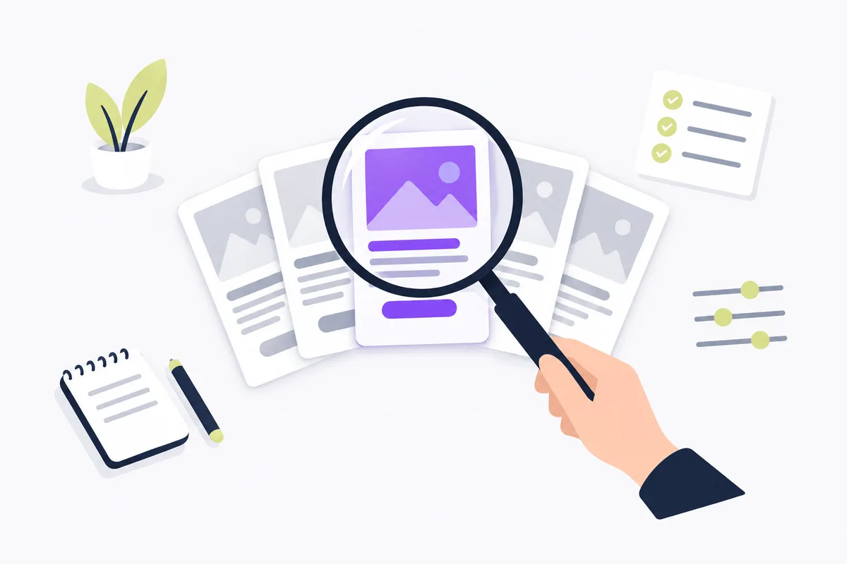 AdCreative AI review: fit for your small store: blank ad cards with one highlighted under a magnifying glass