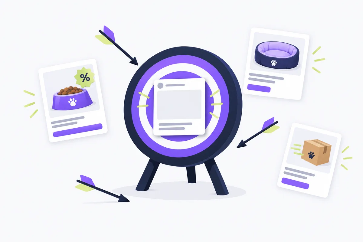 Facebook ads for pet products: real examples: a target with a blank ad card at its center