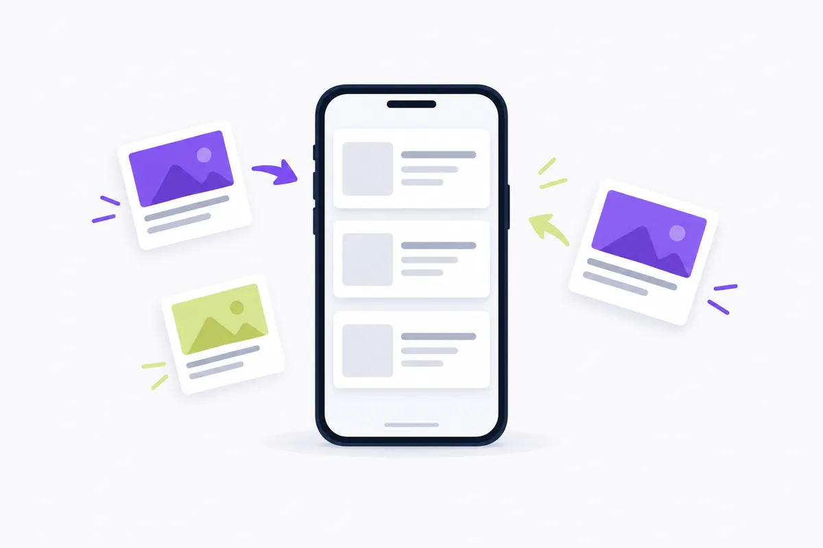Holo AI purchase checks before paying: a phone with blank ad cards and arrows around it