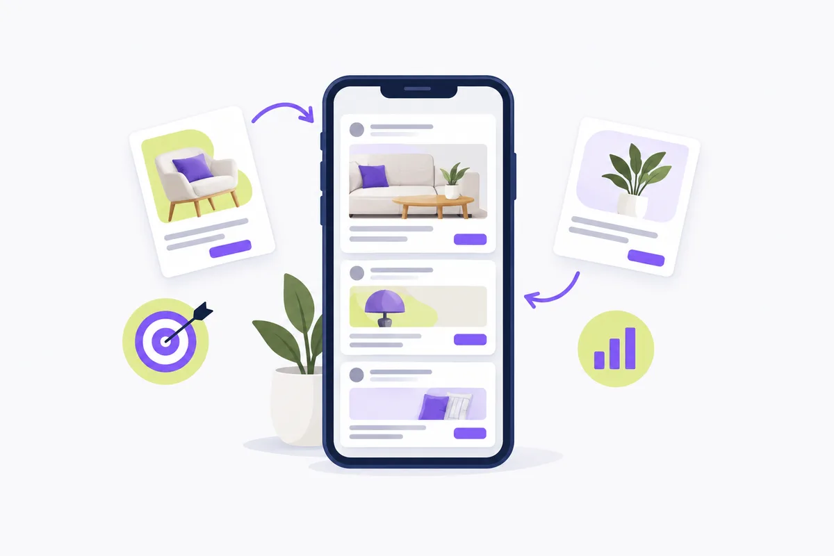 Plan home decor Facebook ads around a sellable offer: a phone with blank ad cards and arrows around it