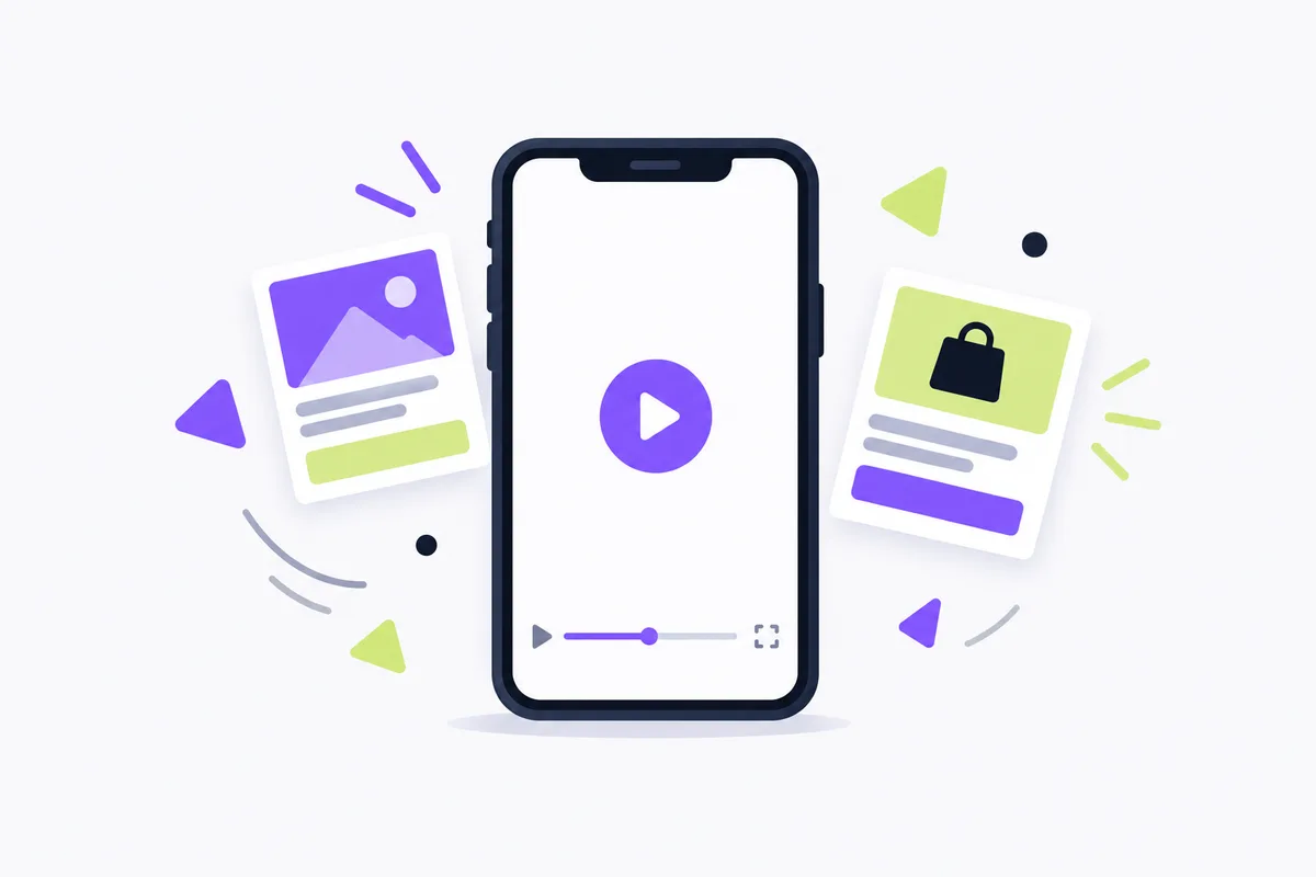 Black Friday ad ideas to adapt: a phone playing a blank video with abstract shapes around it