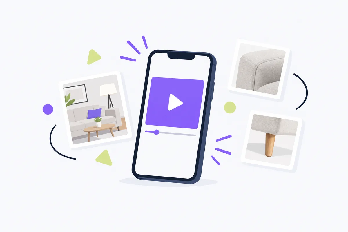Show room context, scale, and useful product details: a phone playing a blank video with abstract shapes around it