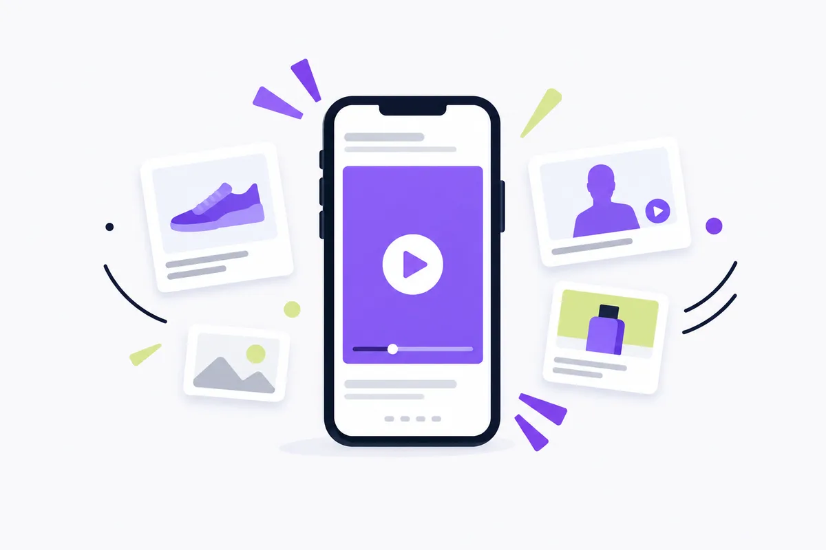 Image ads, presenter videos, and creative range: a phone playing a blank video with abstract shapes around it