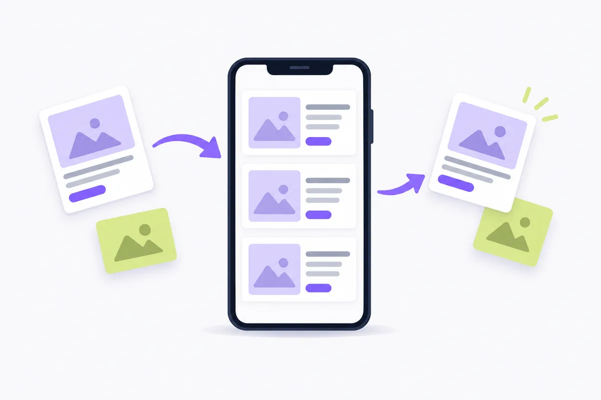 Running Facebook and Instagram ads together: a unified approach: a phone with blank ad cards and arrows around it