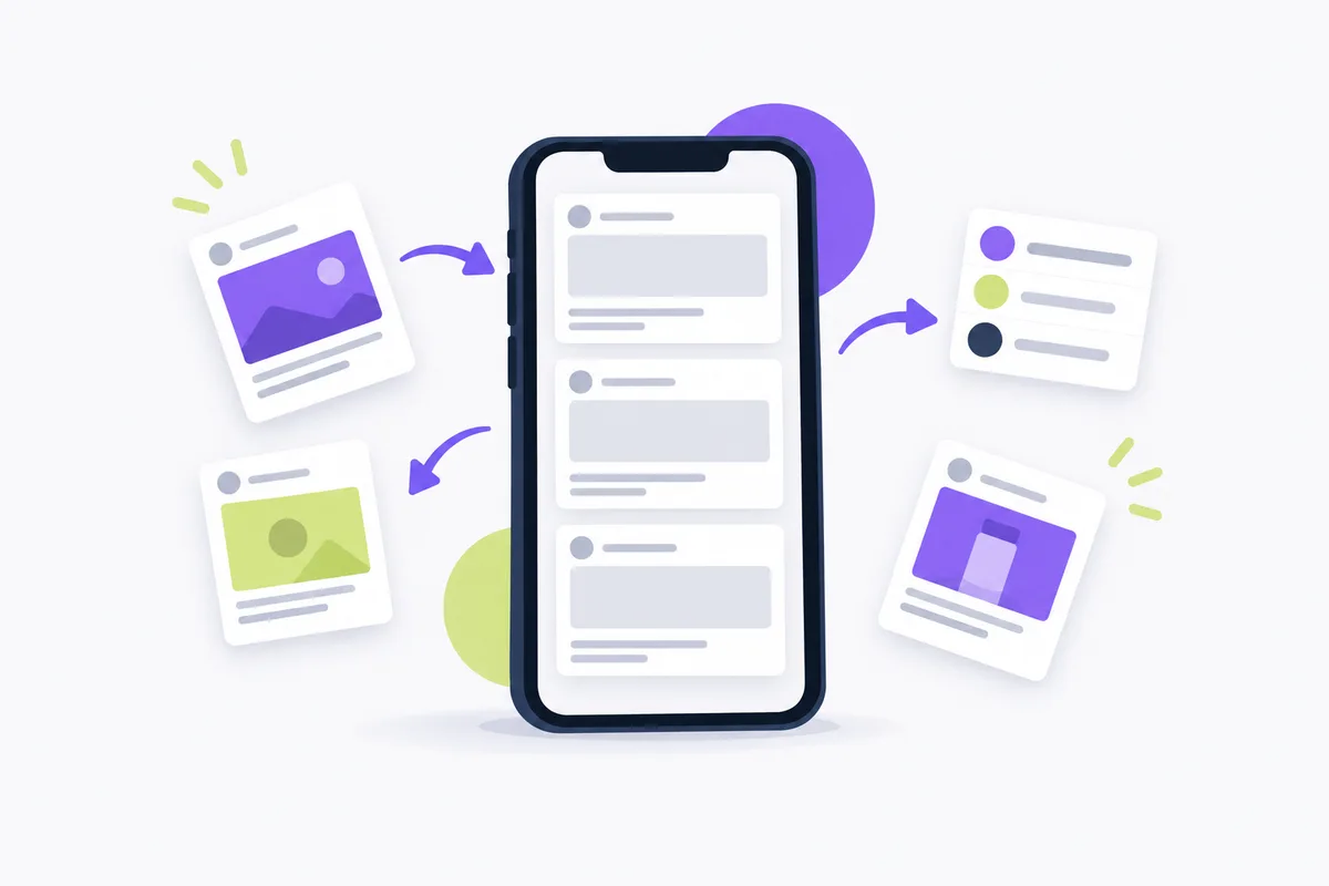 Why use dark posts on Instagram and Facebook: a phone with blank ad cards and arrows around it