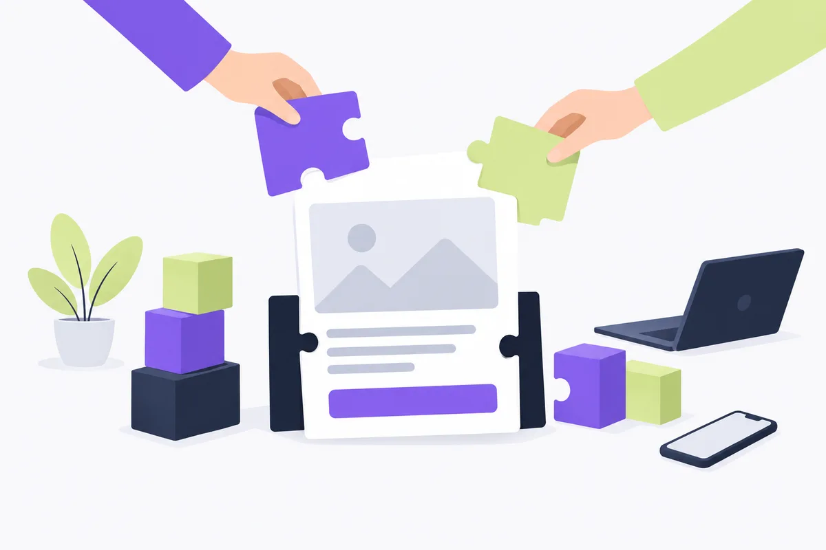 Predis AI review: the best fit for a small store: building blocks fitting together into a blank ad card