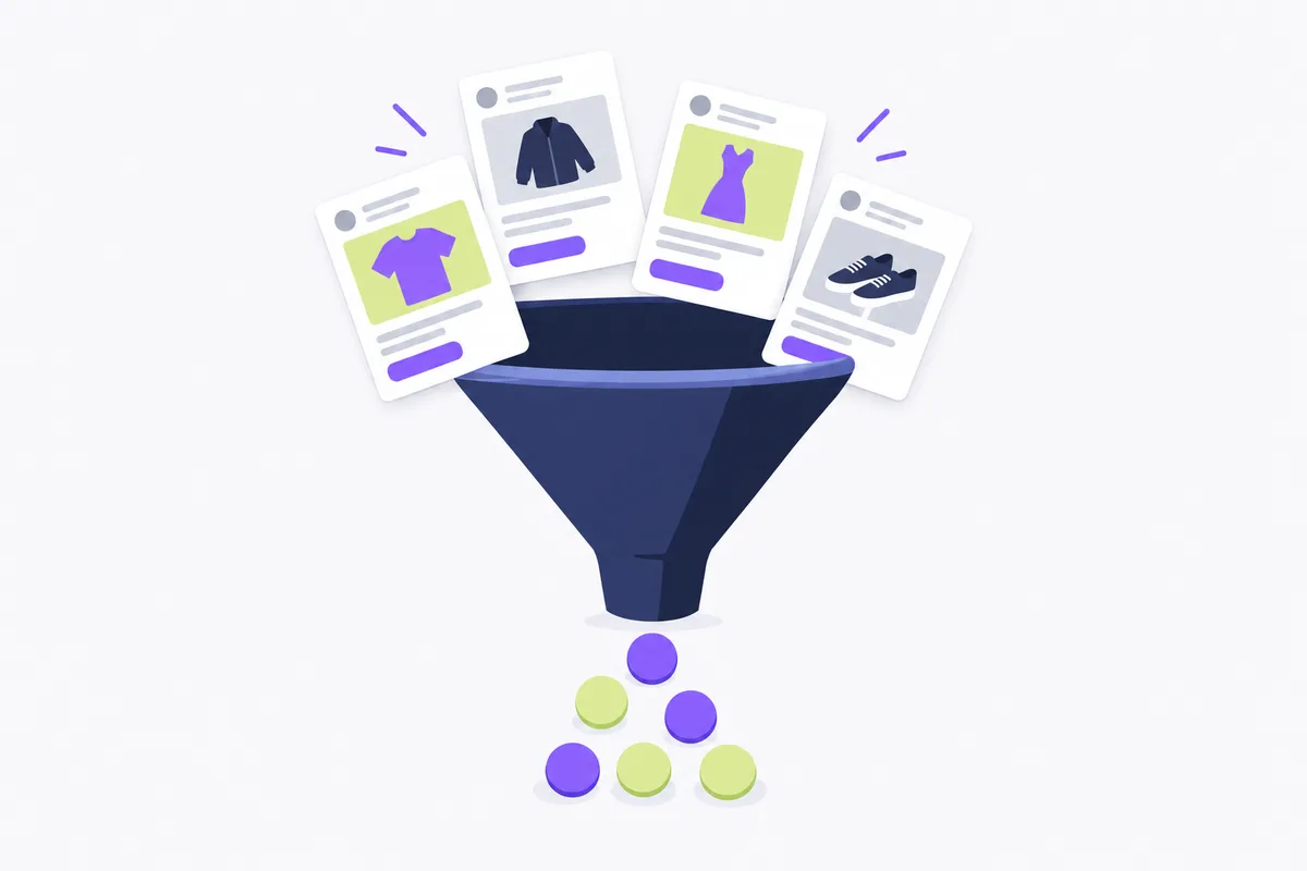 E commerce headline examples: a funnel with blank ad cards flowing through it