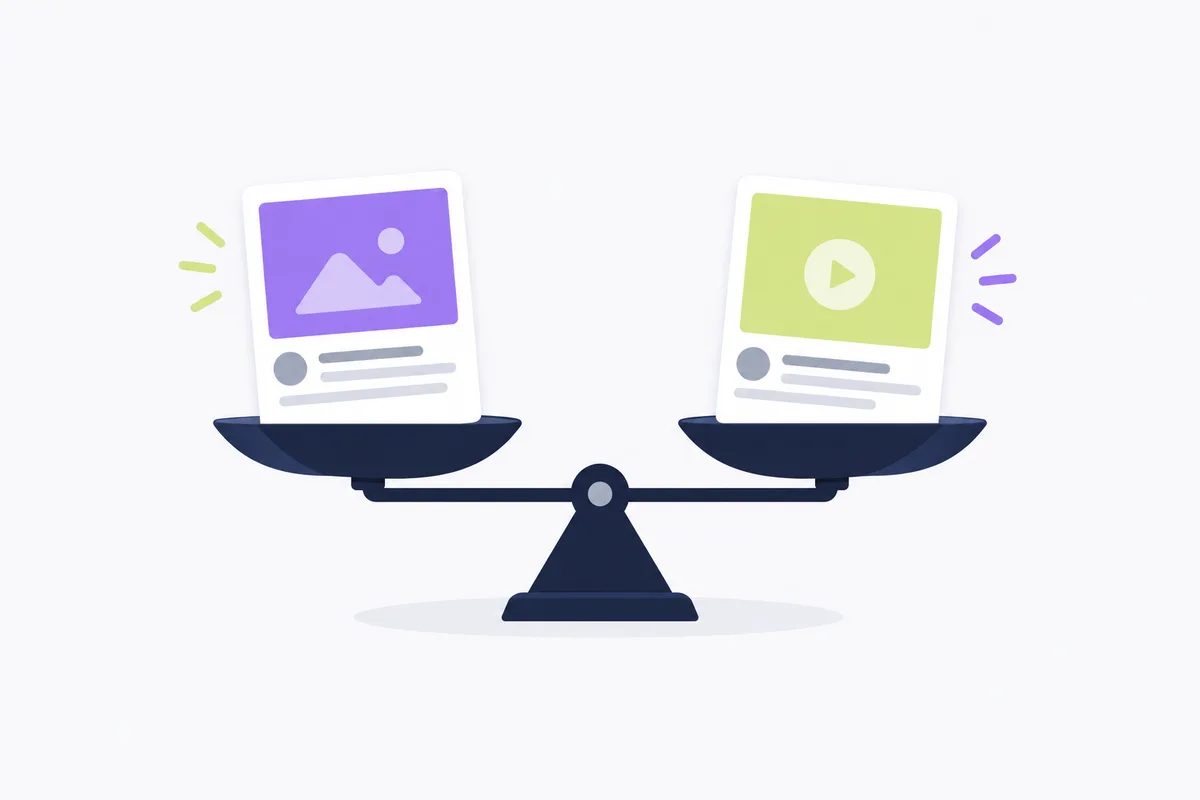 UGC style video for your e commerce store: two blank ad cards on a balance scale