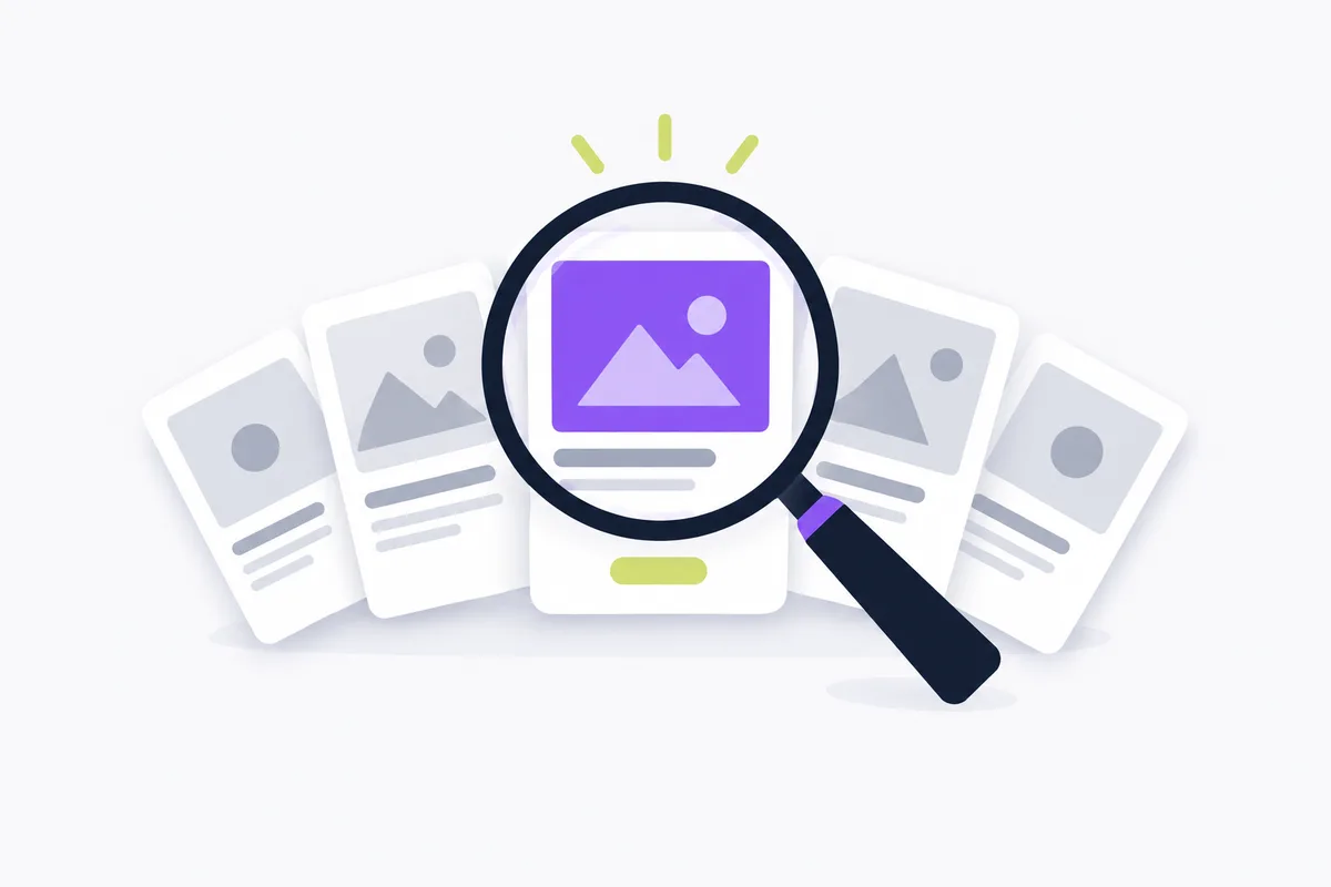 What the opening metric tells you: blank ad cards with one highlighted under a magnifying glass