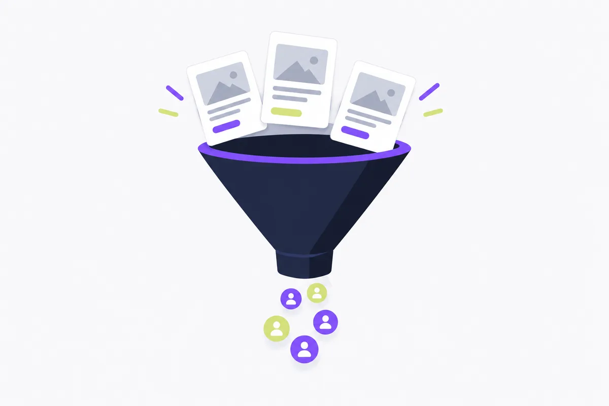 Choose your customer data sharing level: a funnel with blank ad cards flowing through it