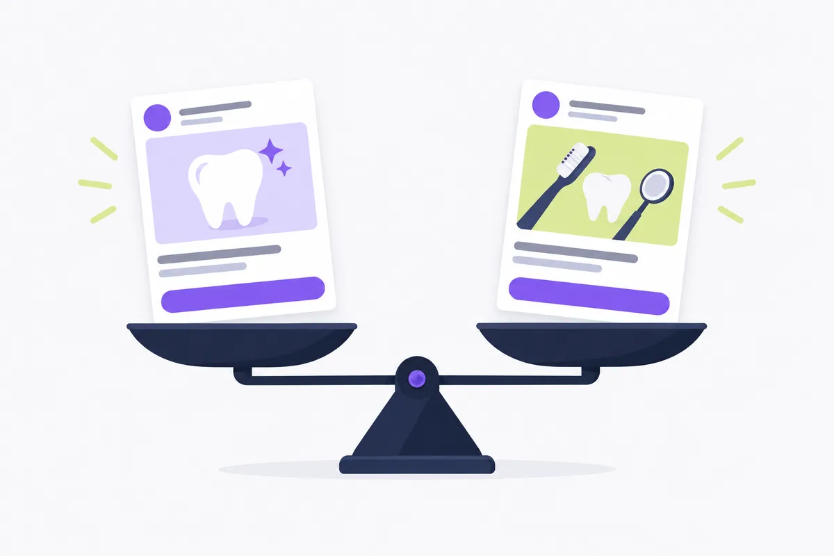 Plan service focused creative and calls to action: two blank ad cards on a balance scale