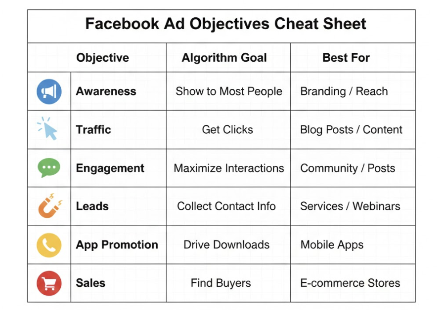 Facebook Campaign Objectives Selection Screen in Ads Manager