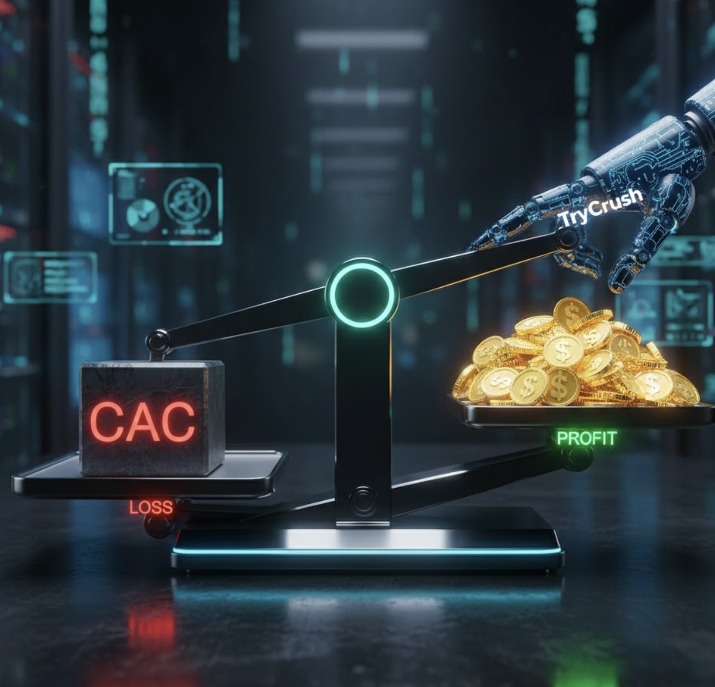 AI analytics dashboard showing customer acquisition cost reduction and LTV to CAC optimization.